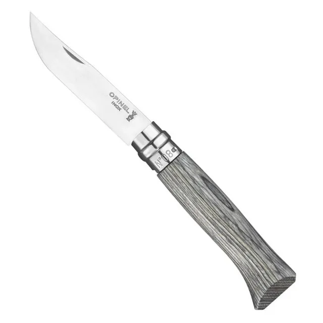 opinel-n-08-couteau-pliant-lame-inox-8-5-cm-manche-bouleau-lamell-gris-bague-vir image 1