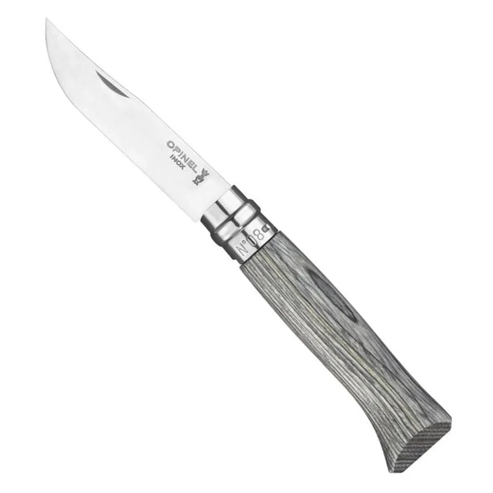 opinel-n-08-couteau-pliant-lame-inox-8-5-cm-manche-bouleau-lamell-gris-bague-vir image 1