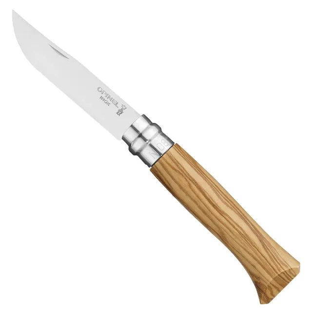 opinel-n-08-couteau-de-poche-pliant-lame-inox-manche-bois-d-olivier-bague-virobl image 1