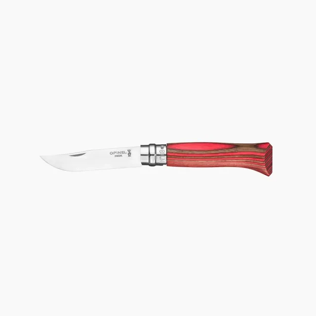 opinel-n-08-couteau-pliant-lame-inox-manche-bouleau-lamell-rouge-bague-virobloc image 1