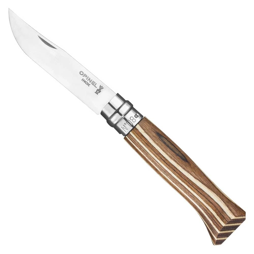 opinel-n-08-couteau-pliant-lame-inox-manche-bouleau-lamell-brun-marqueterie-brun image 1