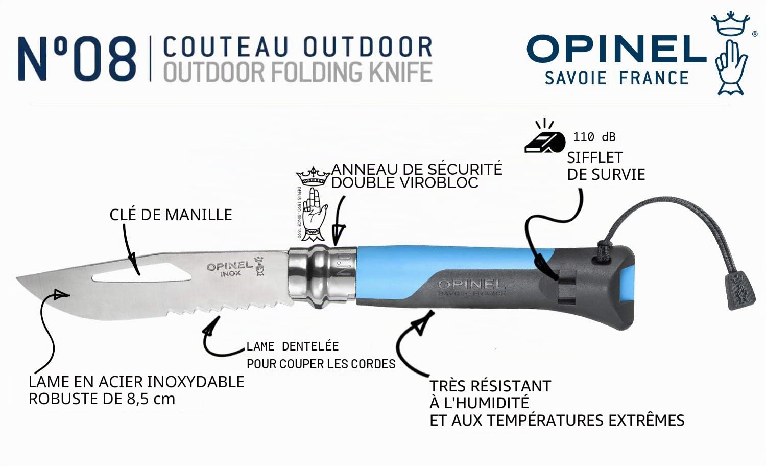 opinel-n-08-outdoor-bleu-couteau-pliant-inox-8-5-cm-lame-crant-e-avec-d-manilleu image 2